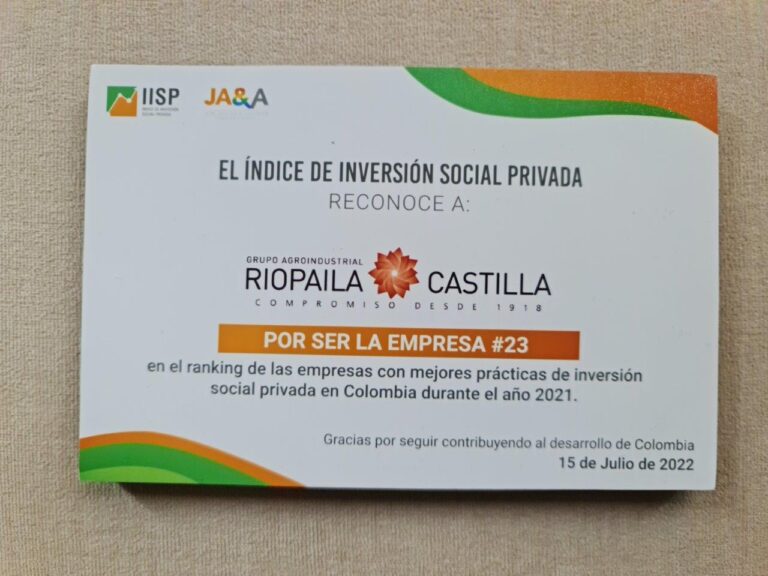 Riopaila Castilla входит в число 30 самых выдающихся компаний Колумбии за социальные инвестиции.